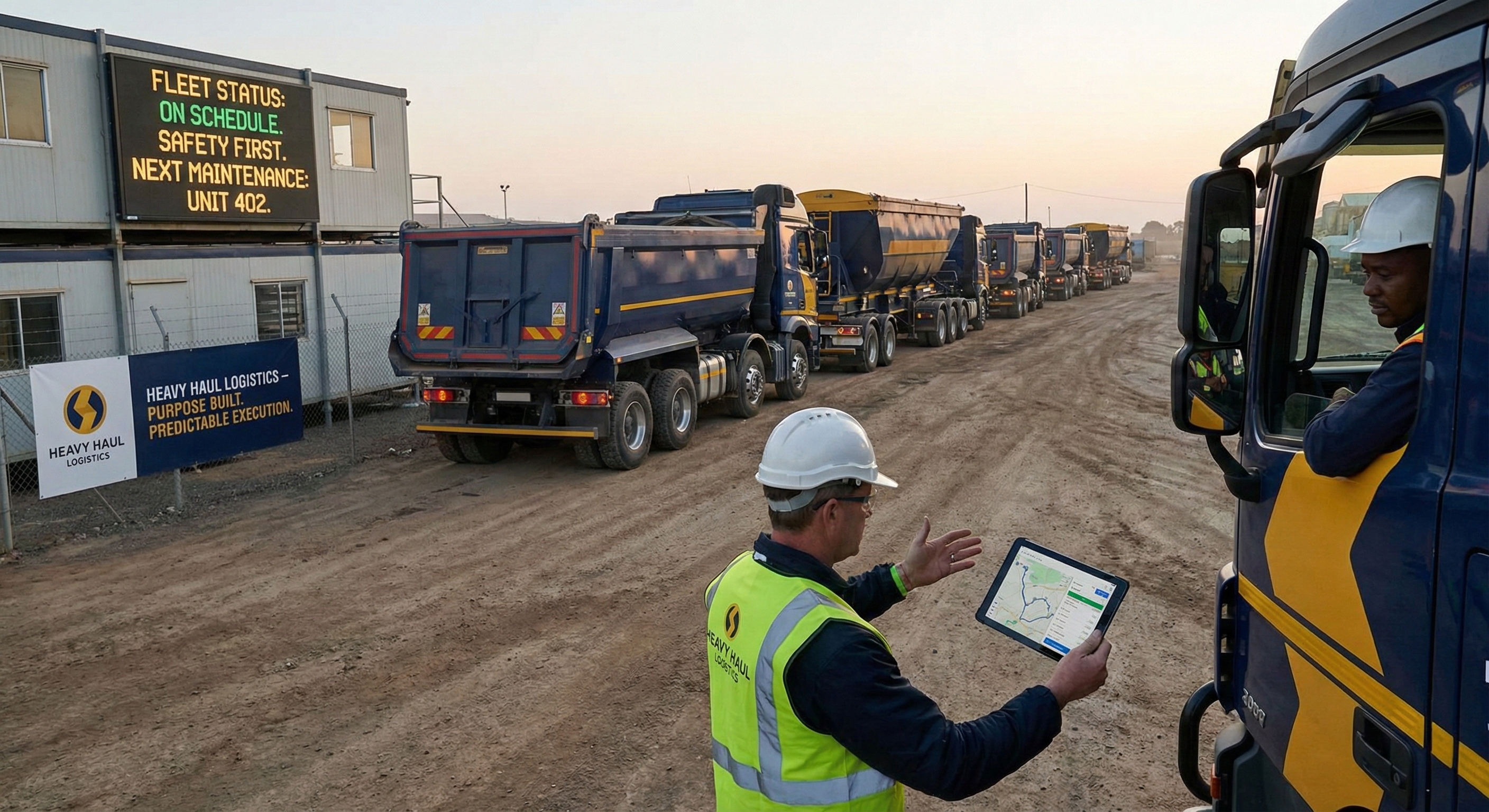 Ronmar Royal Group fleet of side-tipper trucks ready for heavy haulage operations